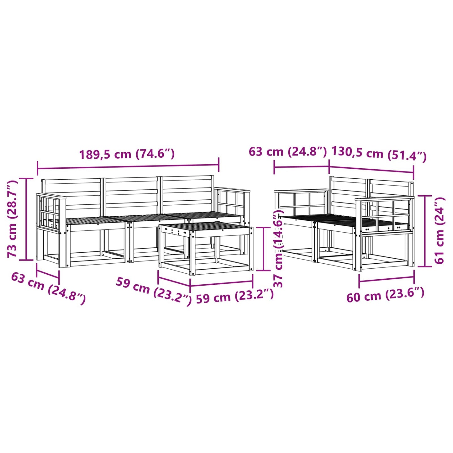 Utendørs sofa-sett 6 pcs Hvit 59 x 59 x 37 cm Solid akasietre