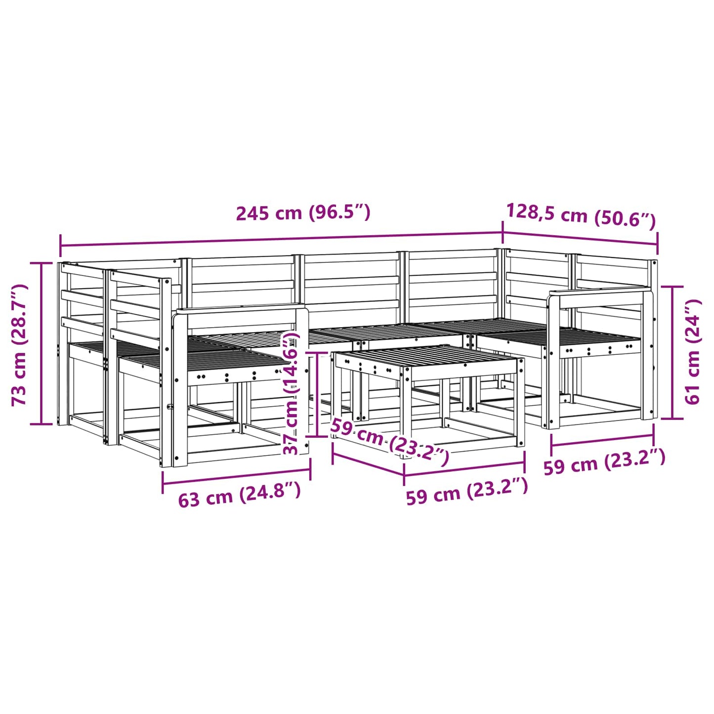 Utendørs sofa-sett 7 pcs Hvit 59 x 59 x 37 cm Solid akasietre