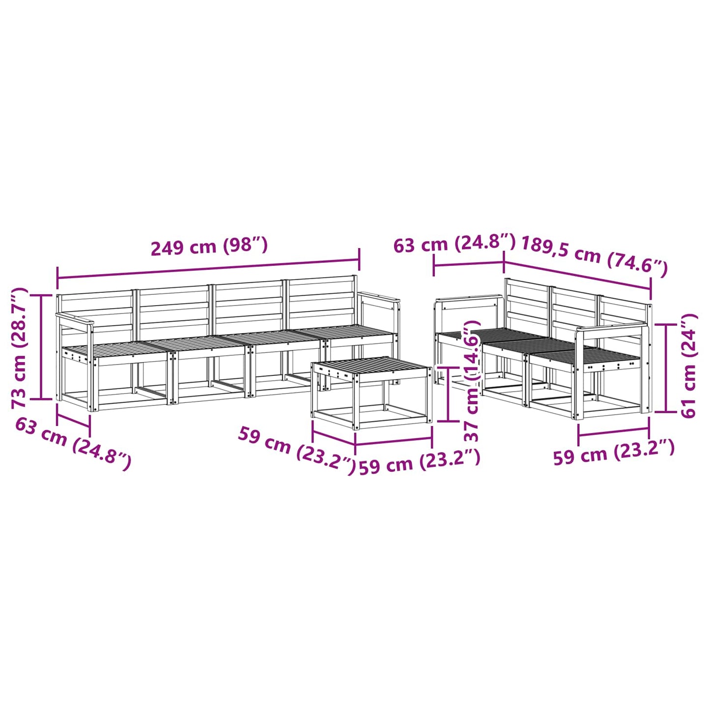 Utendørs sofa-sett 8 pcs Hvit 59 x 59 x 37 cm Solid akasietre