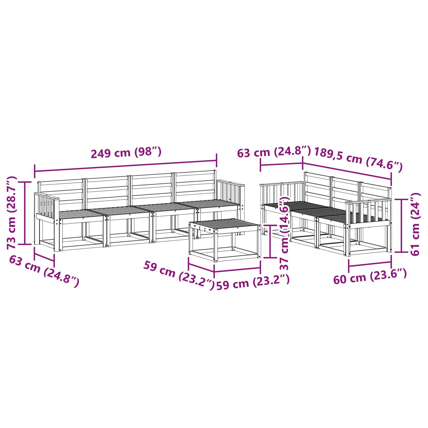 Utendørs sofa-sett 8 pcs Hvit 59 x 59 x 37 cm Solid akasietre