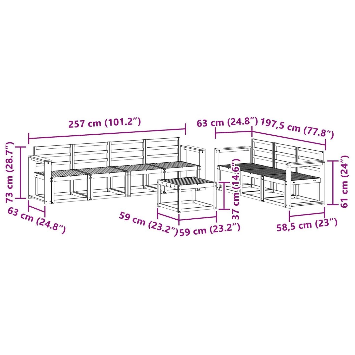 Utendørs sofa-sett 8 pcs Hvit 59 x 59 x 37 cm Solid akasietre