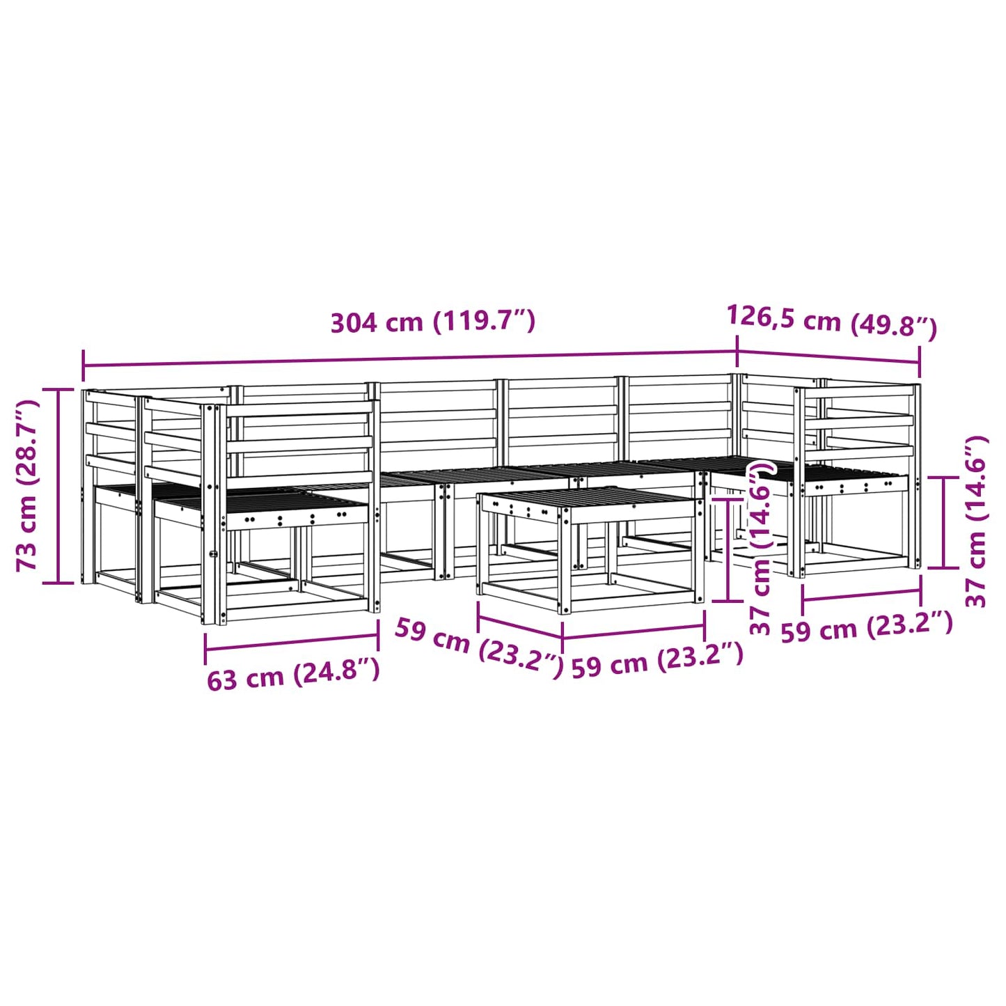 Utendørs sofa-sett 8 pcs Hvit 59 x 59 x 37 cm Solid akasietre