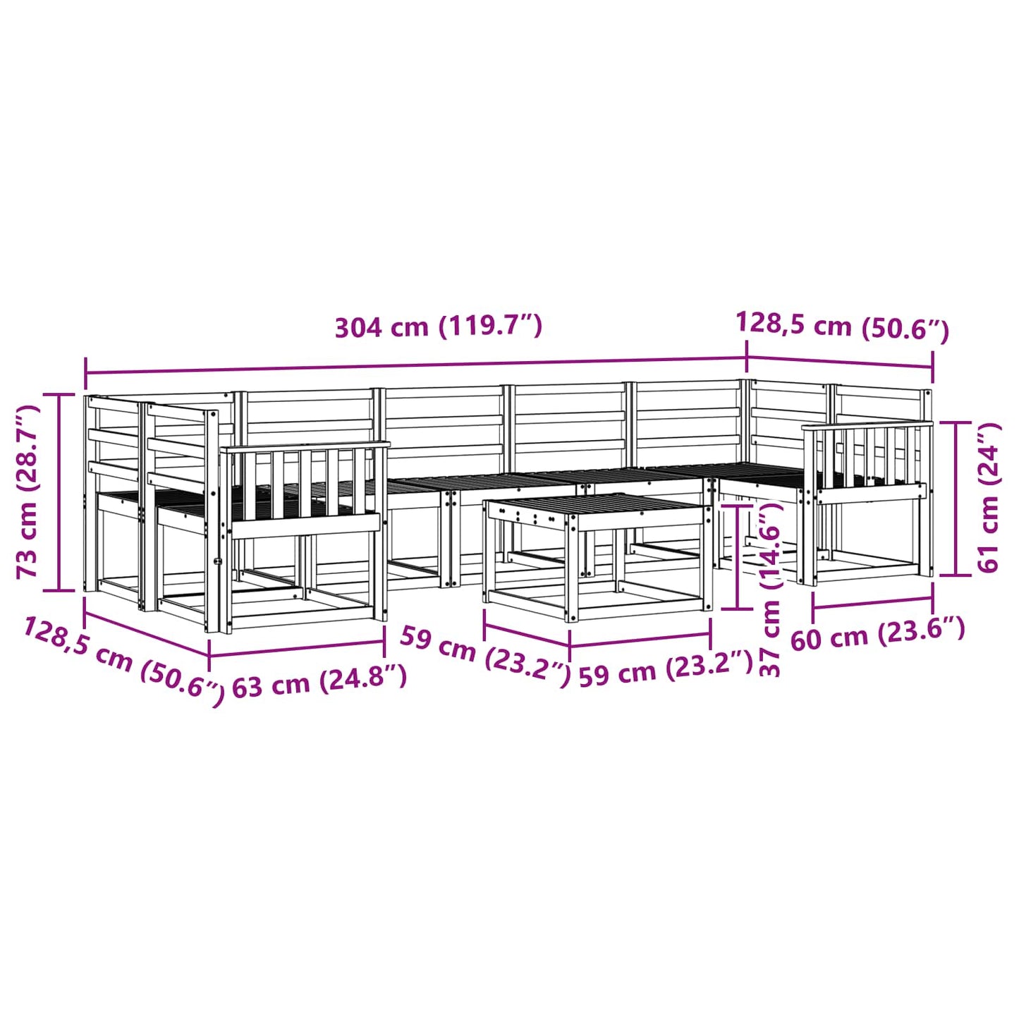 Utendørs sofa-sett 8 pcs Hvit 59 x 59 x 37 cm Solid akasietre