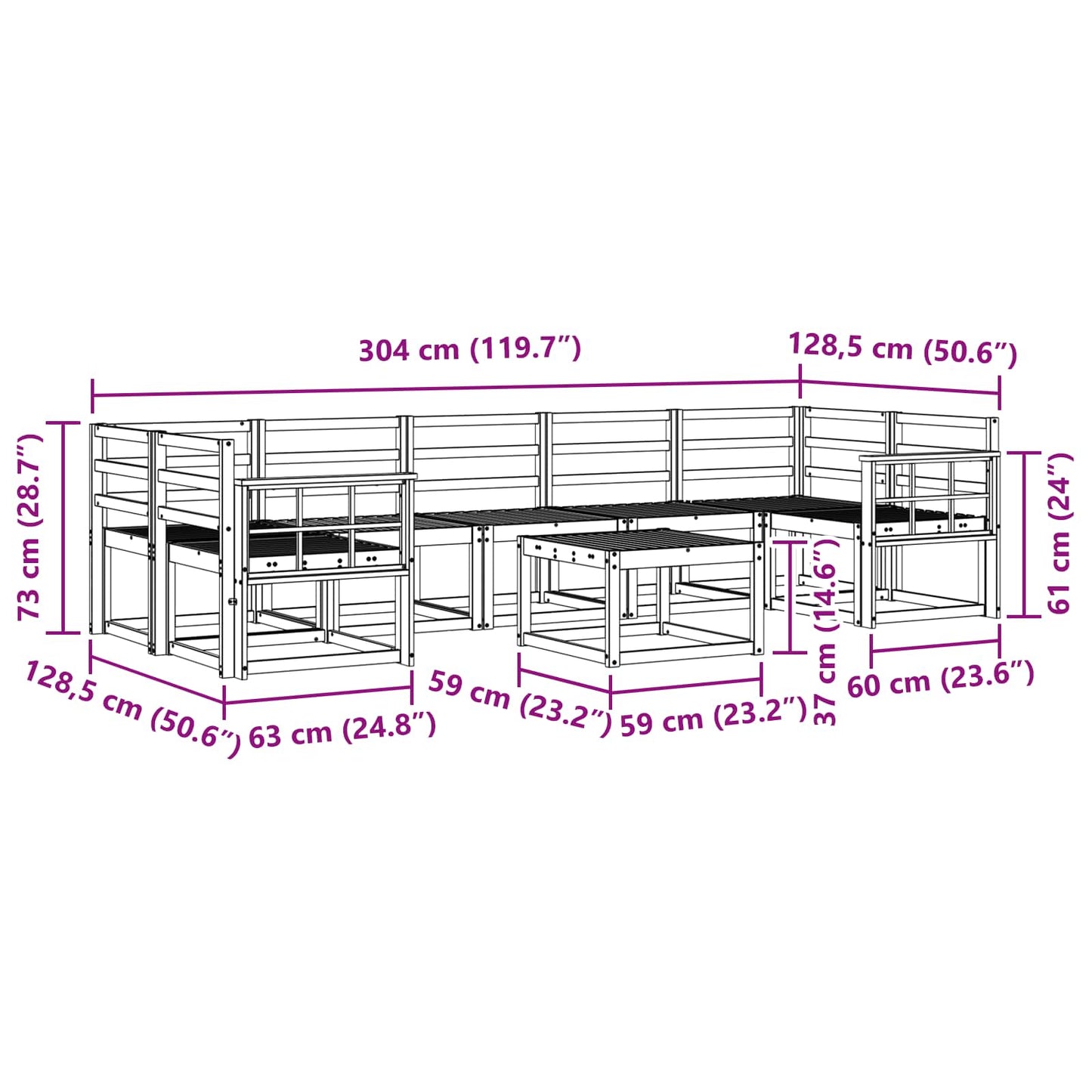 Utendørs sofa-sett 8 pcs Hvit 59 x 59 x 37 cm Solid akasietre