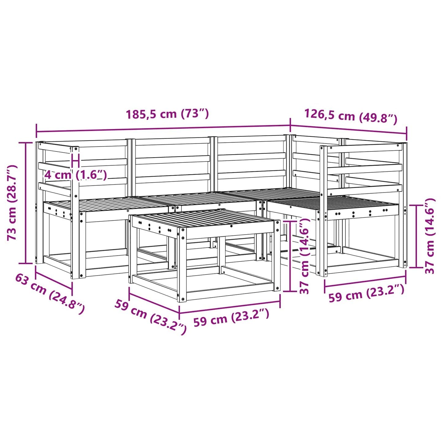 Utendørs sofa-sett 5 pcs Hvit 59 x 59 x 37 cm Solid akasietre