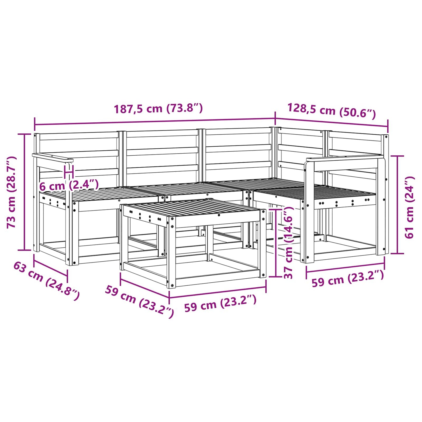Utendørs sofa-sett 5 pcs Hvit 59 x 59 x 37 cm Solid akasietre