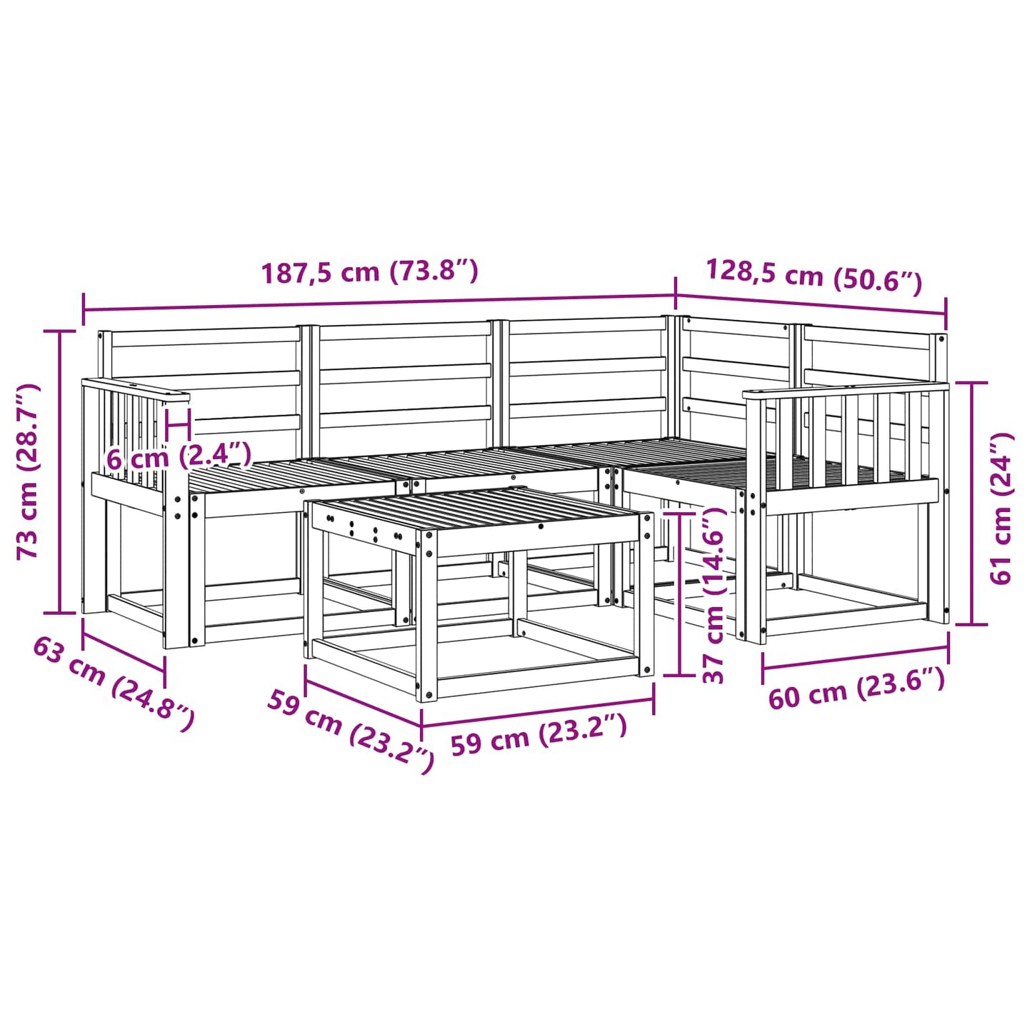 Utendørs sofa-sett 5 pcs Hvit 59 x 59 x 37 cm Solid akasietre