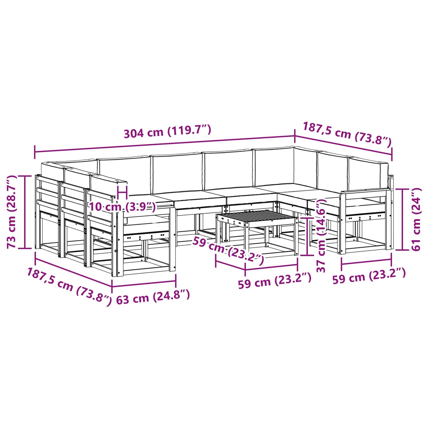 Utendørs sofa-sett 10 pcs Hvit Solid akasietre