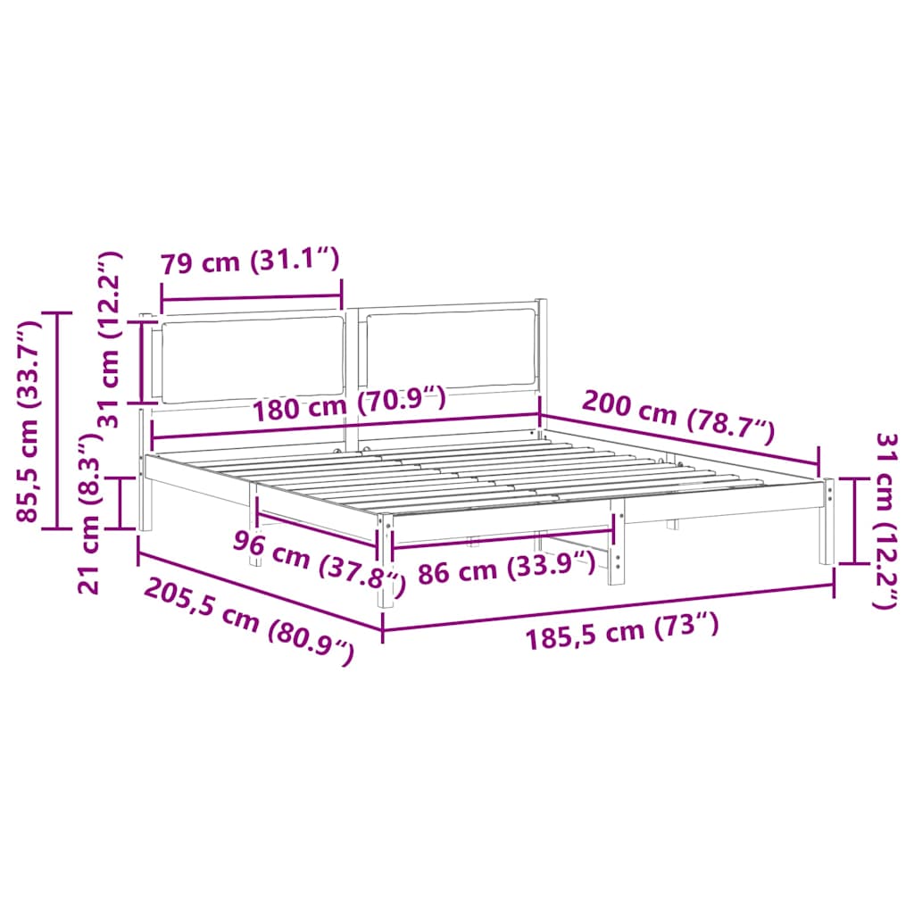 Sengestamme med hodegjerde Svart 180 x 200 cm Massiv furu