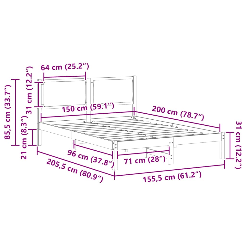 Sengestamme med hodegjerde Svart 150 x 200 cm Massiv furu