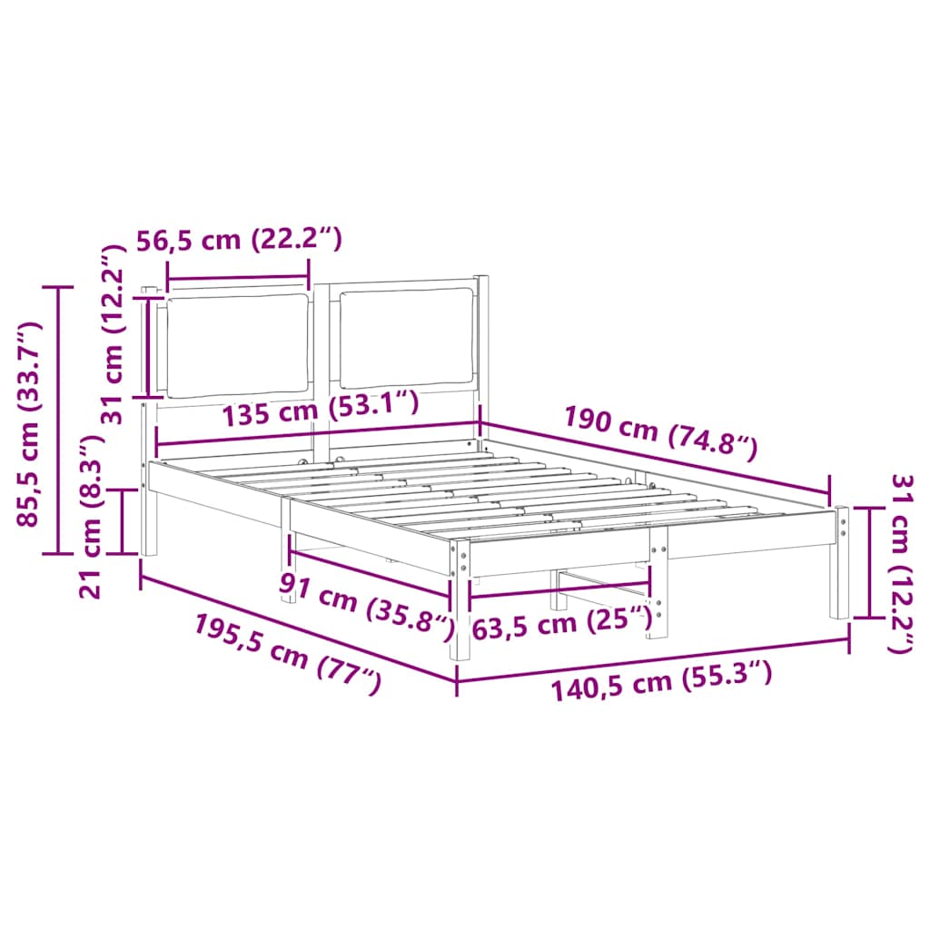 Sengestamme med hodegjerde Svart 135 x 190 cm Massiv furu