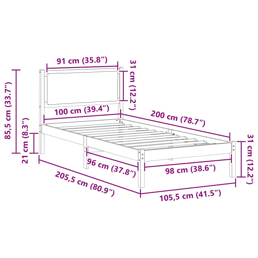 Sengestamme med hodegjerde Lysegrå 100 x 200 cm Massiv furu