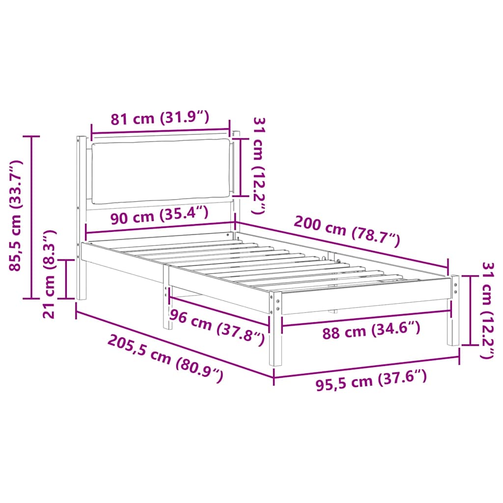 Sengestamme med hodegjerde Svart 90 x 200 cm Massiv furu