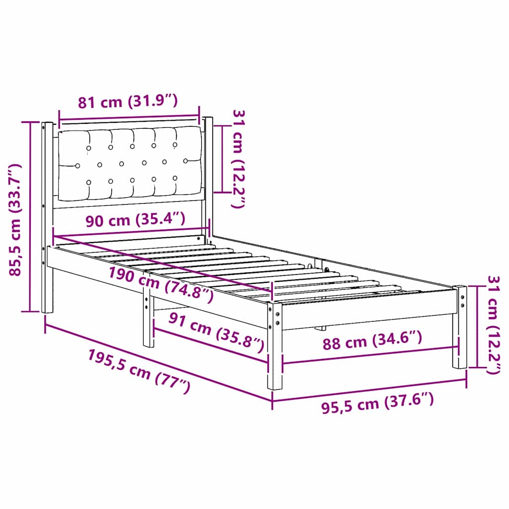 Sengestamme med hodegjerde Gråbrun 90 x 190 cm Massiv furu
