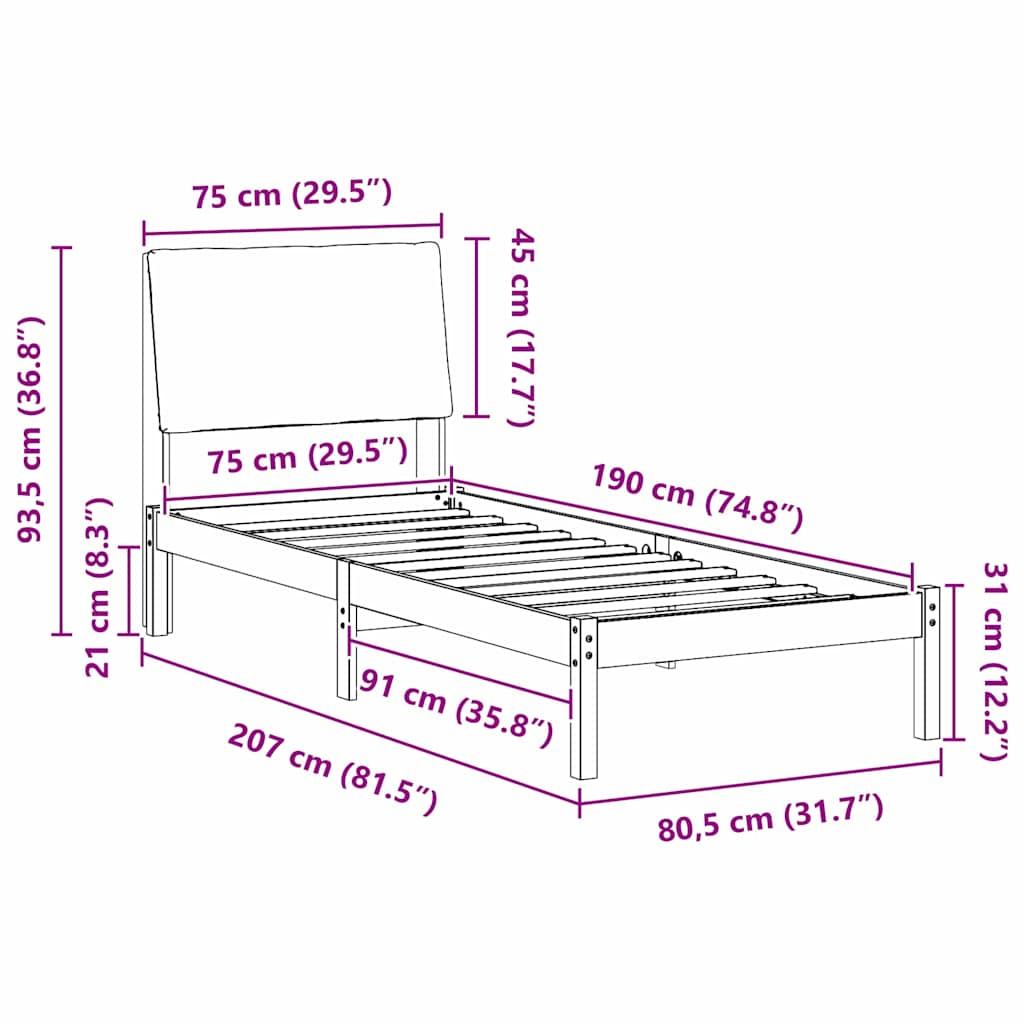 Sengestamme brun og mørkegrå 75 x 190 cm Heltre furu