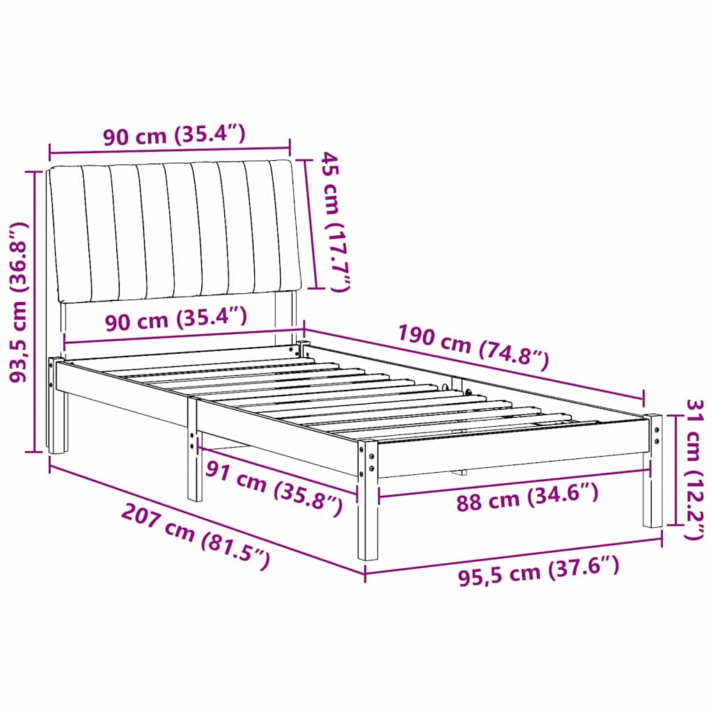 Sengestamme med hodegjerde Brun 90 x 190 cm Massiv furu
