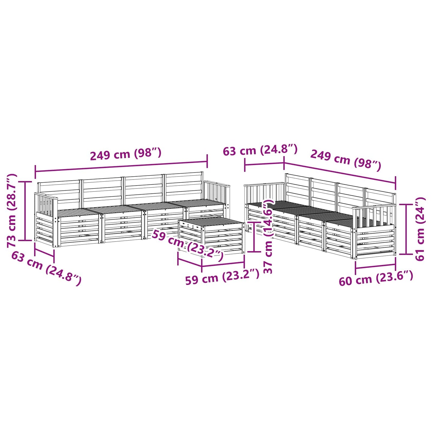 Utendørs sofa-sett 9 pcs Hvit 59 x 59 x 37 cm Solid akasietre