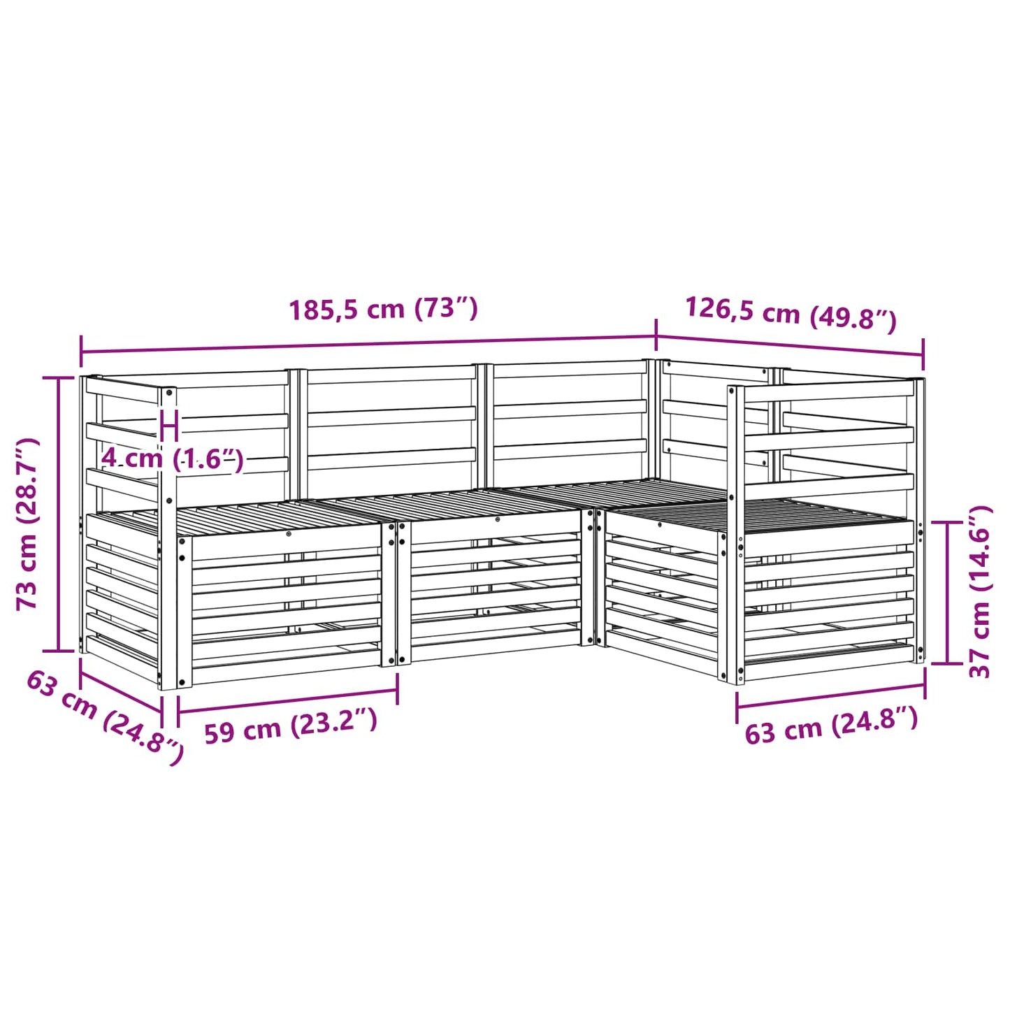 Sofasett 4 pcs Hvit 185,5 x 126,5 x 73 cm Solid akasietre