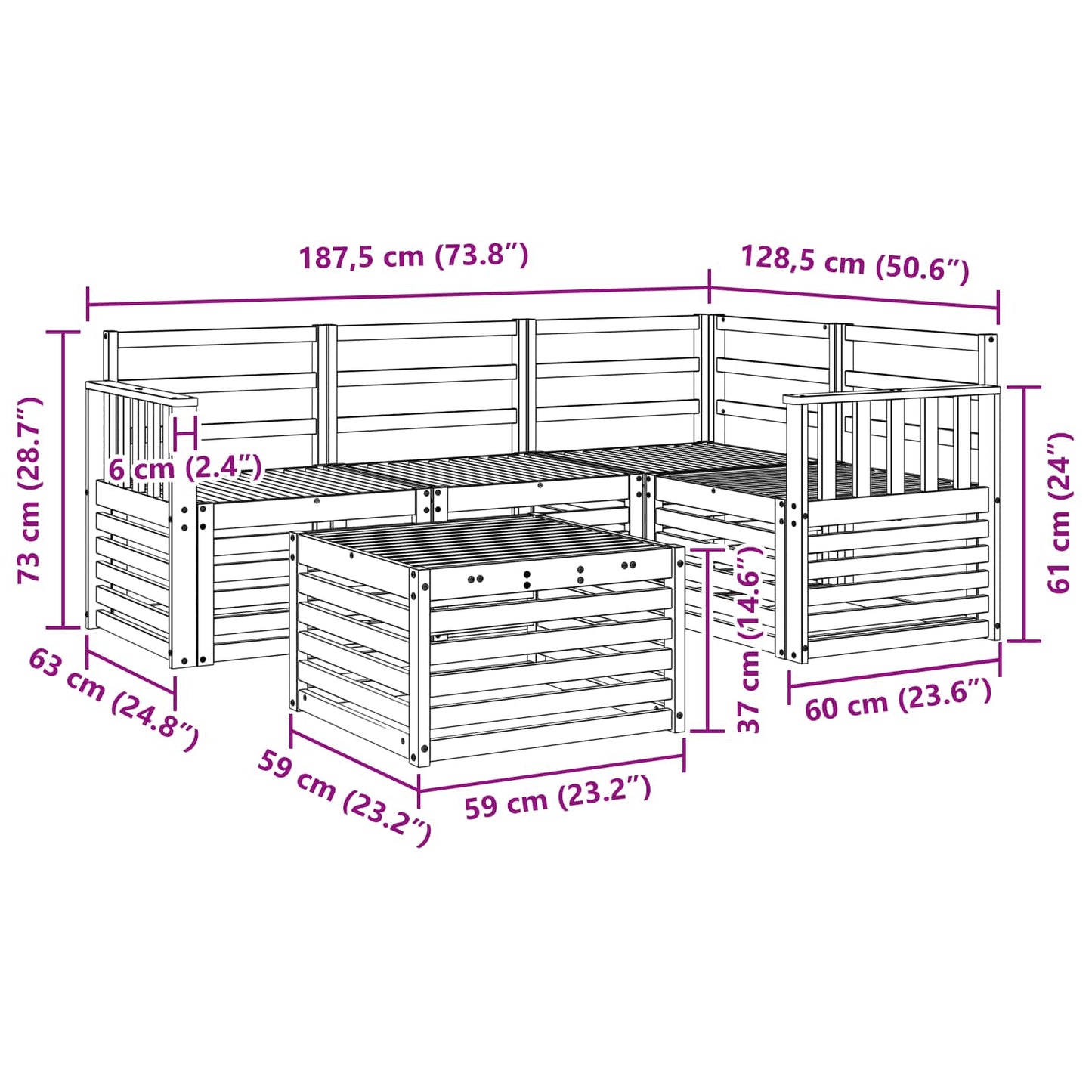 Utendørs sofa-sett 5 pcs Hvit 59 x 59 x 37 cm Solid akasietre
