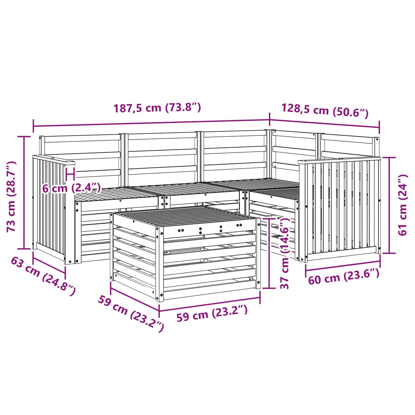 Utendørs sofa-sett 5 pcs Hvit 59 x 59 x 37 cm Solid akasietre