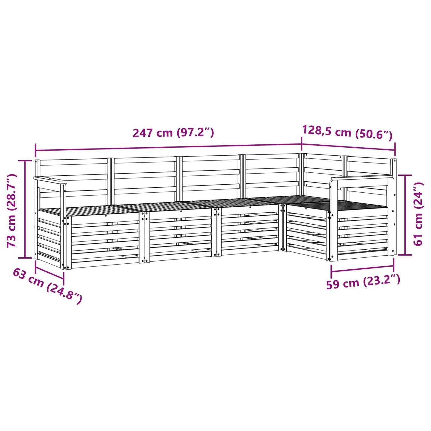 Utendørs sofa-sett 5 pcs Hvit 247 x 128,5 x 73 cm