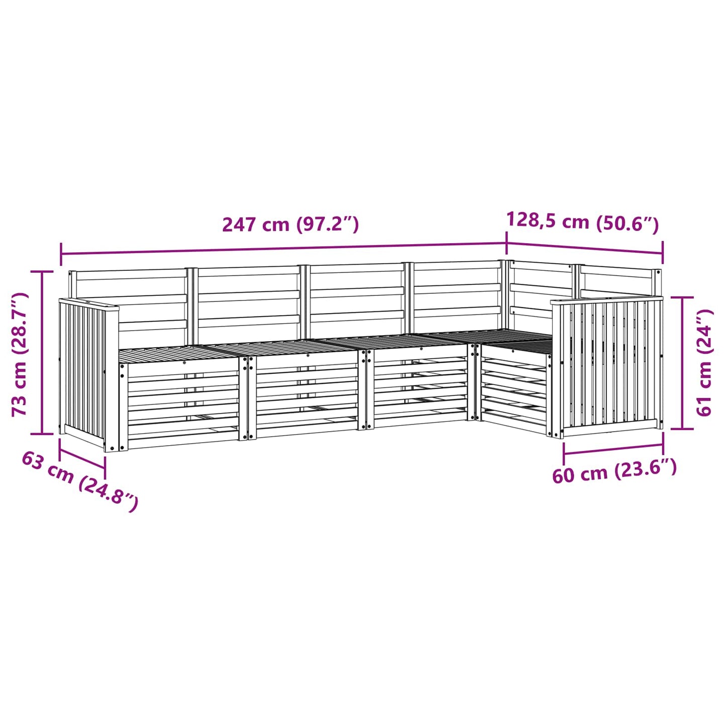 Utendørs sofa-sett 5 pcs Hvit 247 x 128,5 x 73 cm
