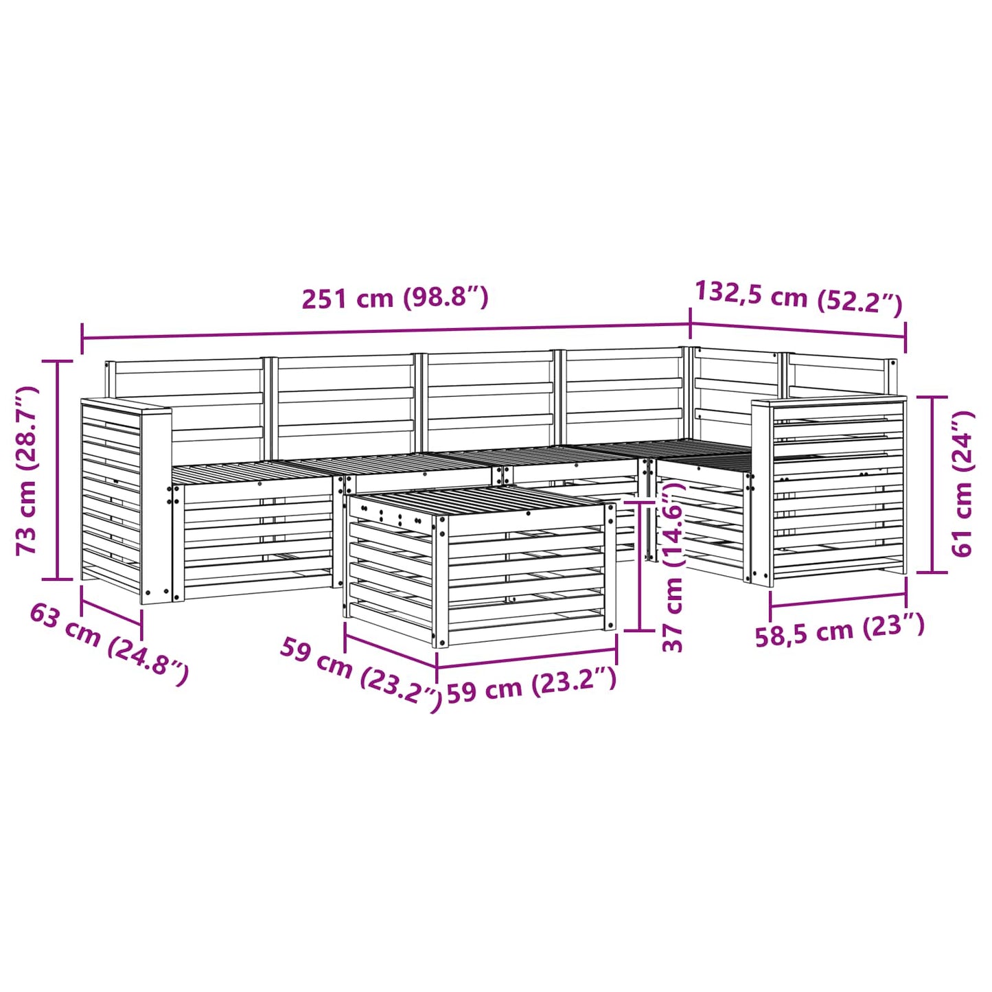 Utendørs sofa-sett 6 pcs Hvit 59 x 59 x 37 cm Solid akasietre
