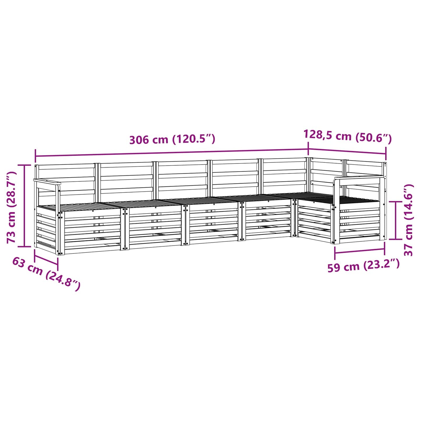 Utendørs sofa-sett 6 pcs Hvit 306 x 128,5 x 73 cm