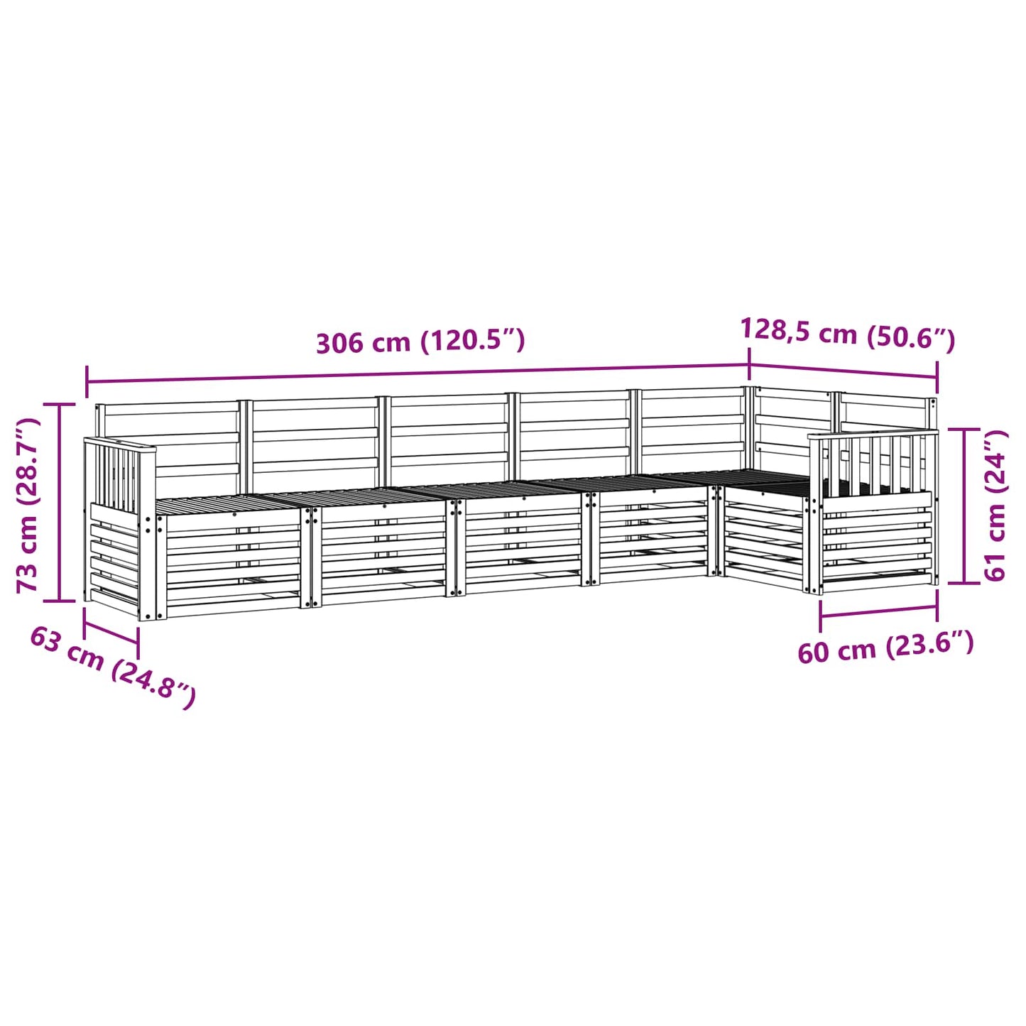 Utendørs sofa-sett 6 pcs Hvit 306 x 128,5 x 73 cm