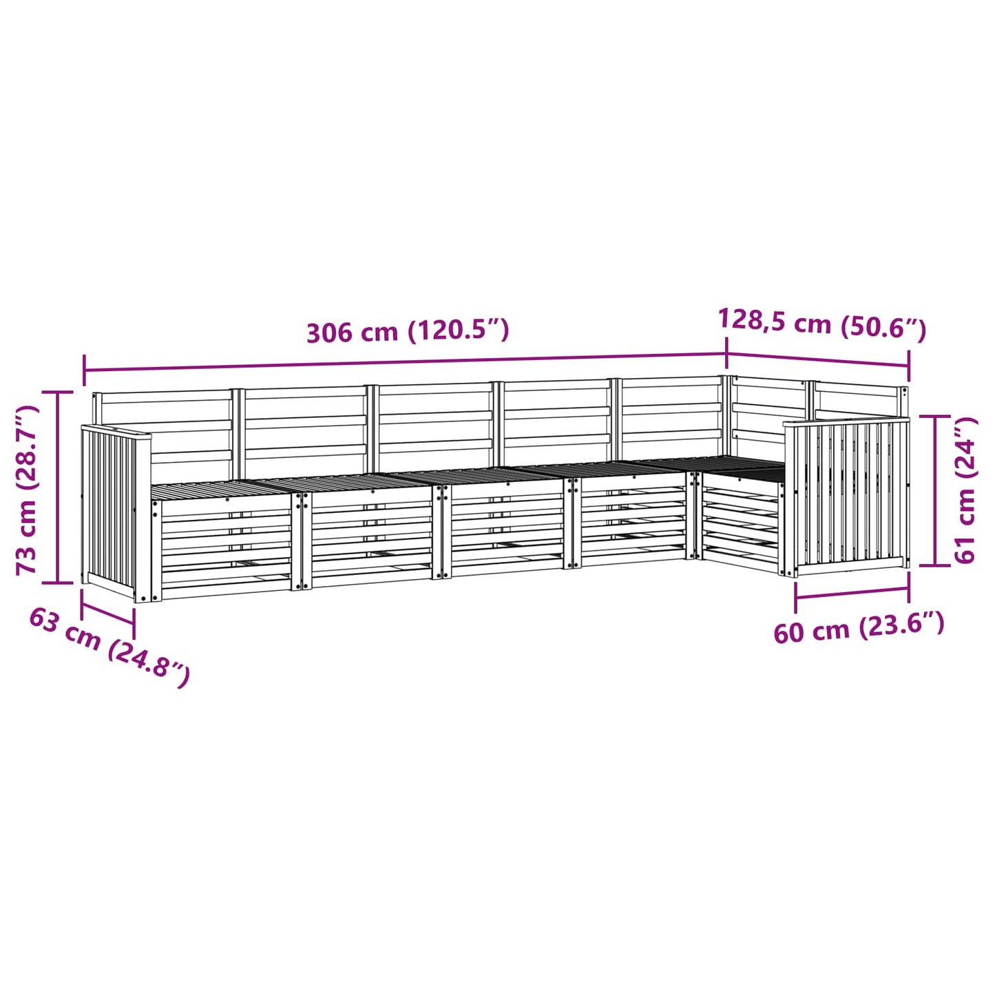 Utendørs sofa-sett 6 pcs Hvit 306 x 128,5 x 73 cm