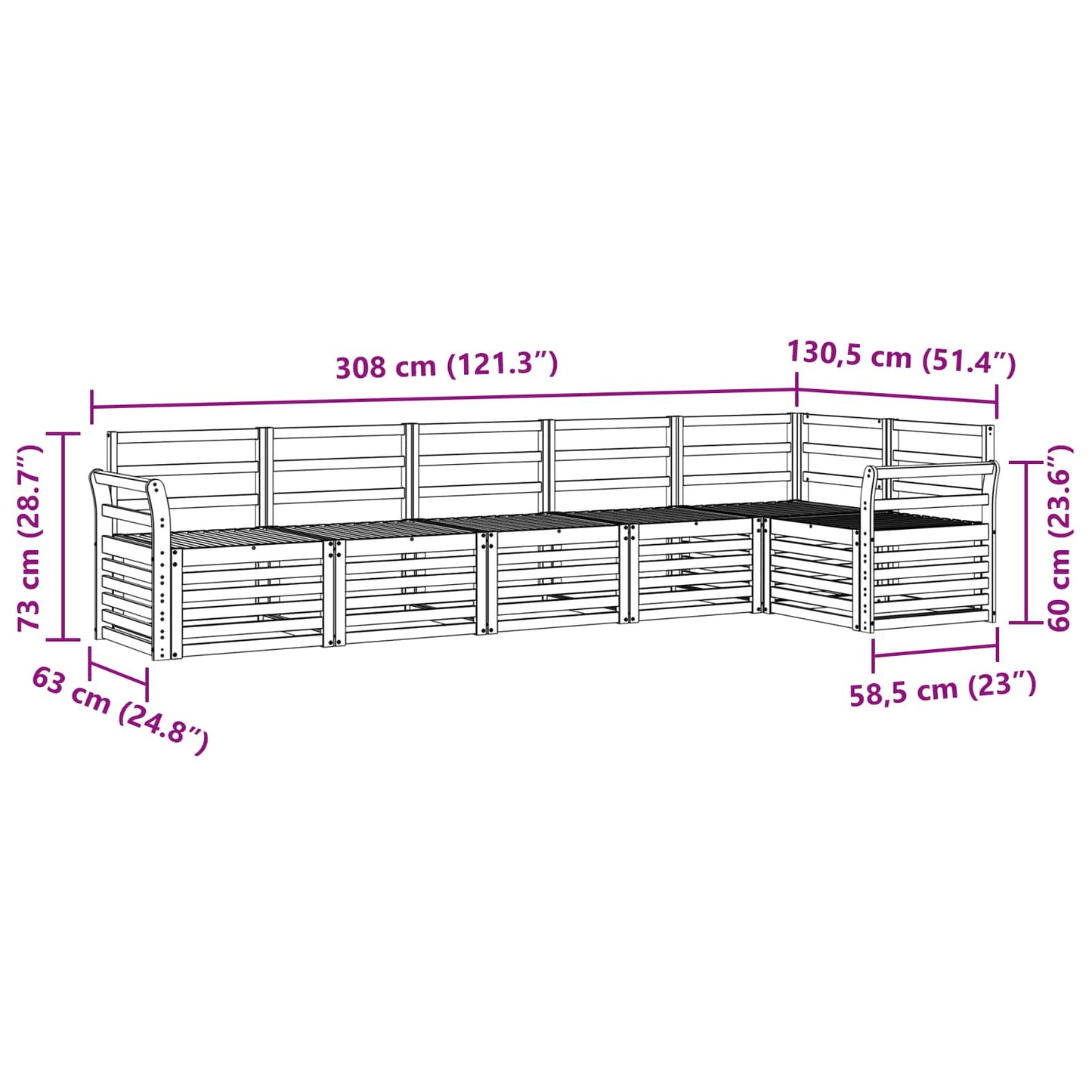 Utendørs sofa-sett 6 pcs Hvit 308 x 130,5 x 73 cm