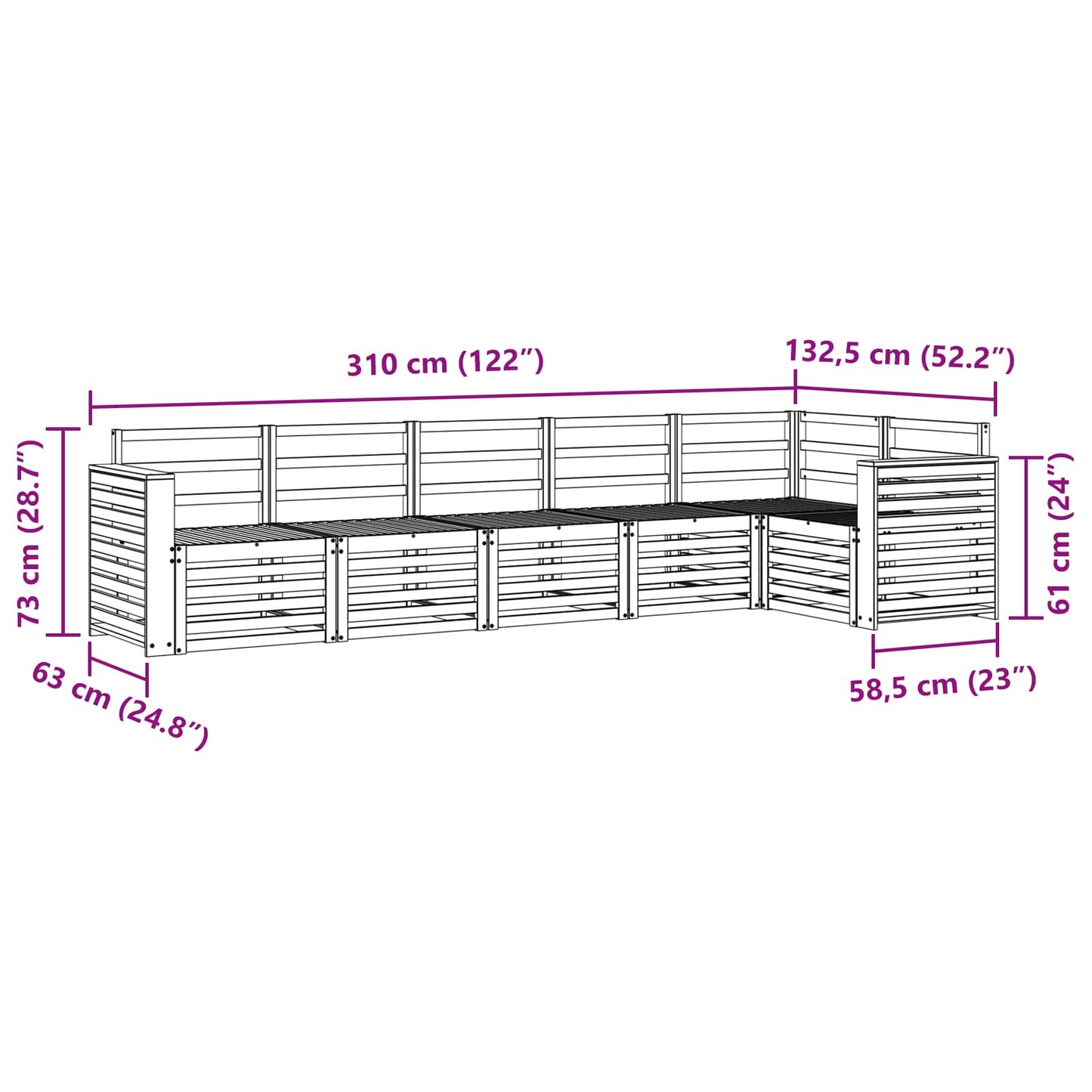 Utendørs sofa-sett 6 pcs Hvit 310 x 132,5 x 73 cm