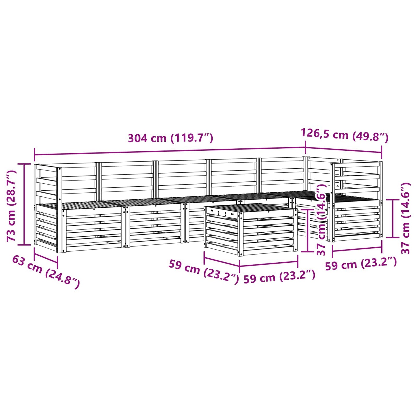 Utendørs sofa-sett 7 pcs Hvit 59 x 59 x 37 cm Solid akasietre