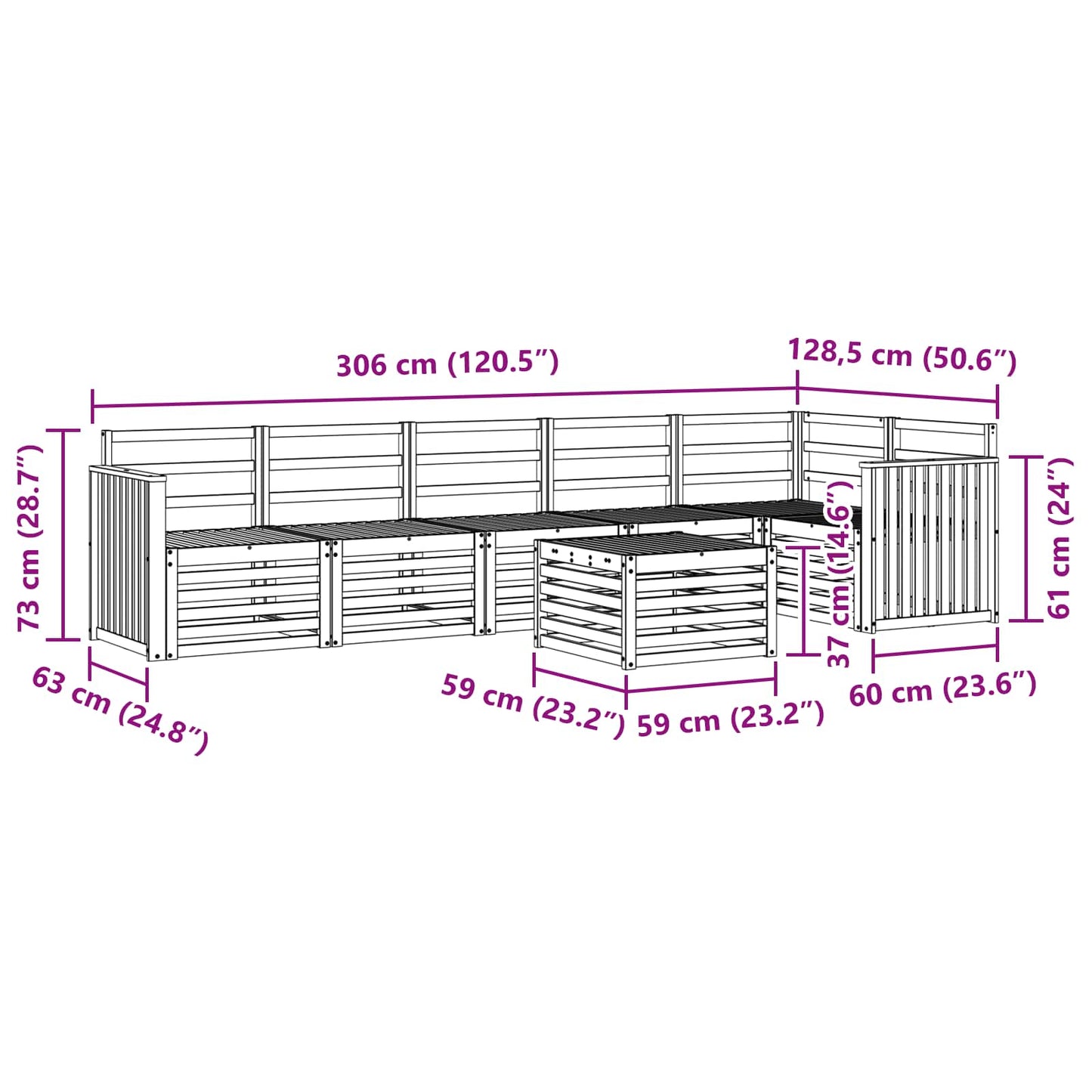 Utendørs sofa-sett 7 pcs Hvit 59 x 59 x 37 cm Solid akasietre