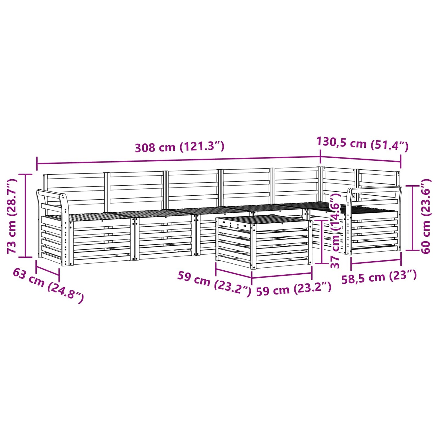 Utendørs sofa-sett 7 pcs Hvit 59 x 59 x 37 cm Solid akasietre