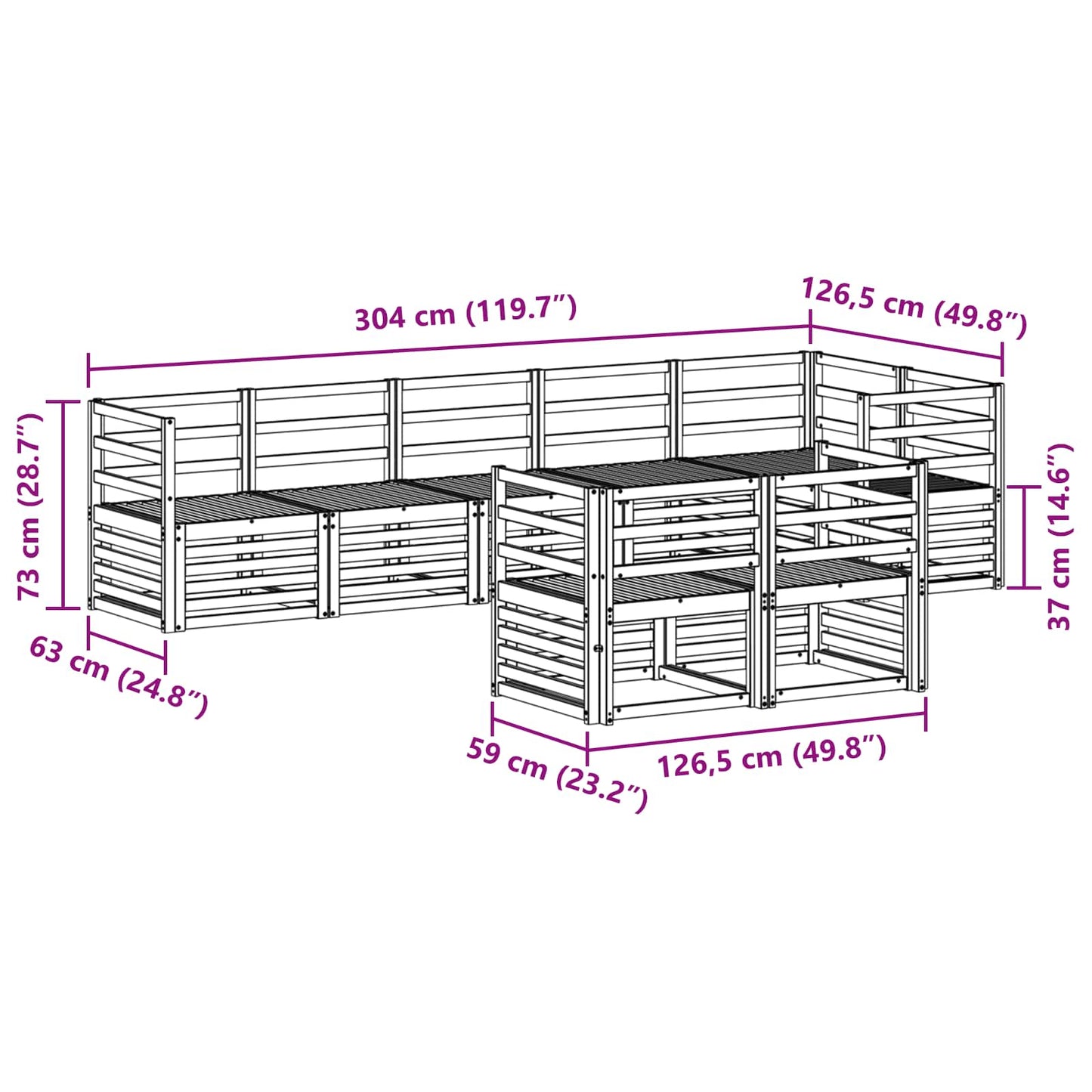 Utendørs sofa-sett 8 pcs Hvit 304 x 126,5 x 73 cm