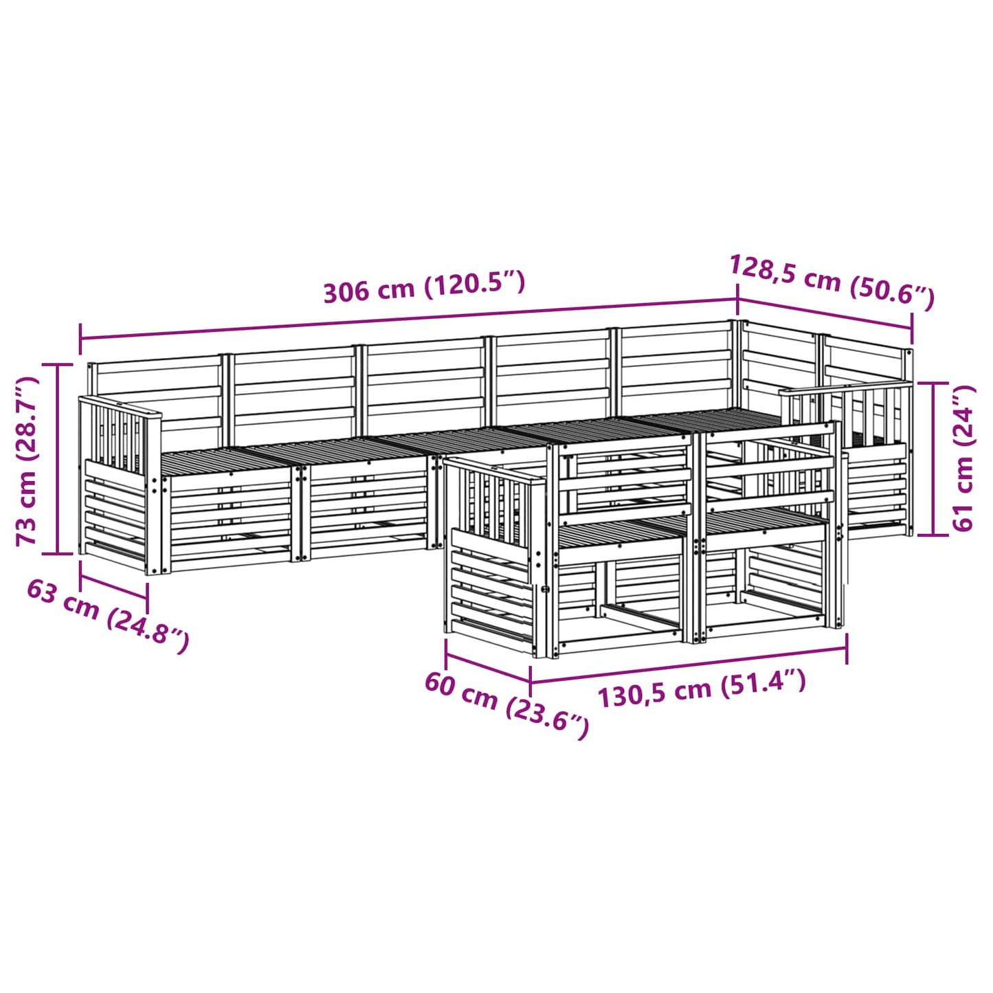 Utendørs sofa-sett 8 pcs Hvit 306 x 128,5 x 73 cm