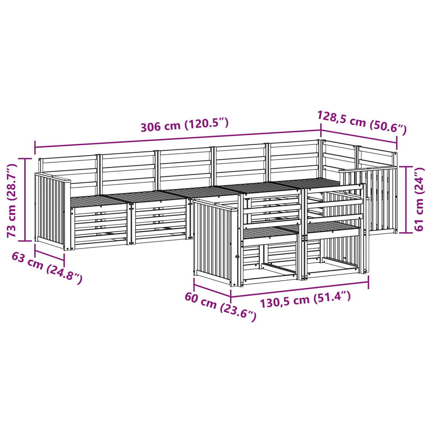 Utendørs sofa-sett 8 pcs Hvit 306 x 128,5 x 73 cm