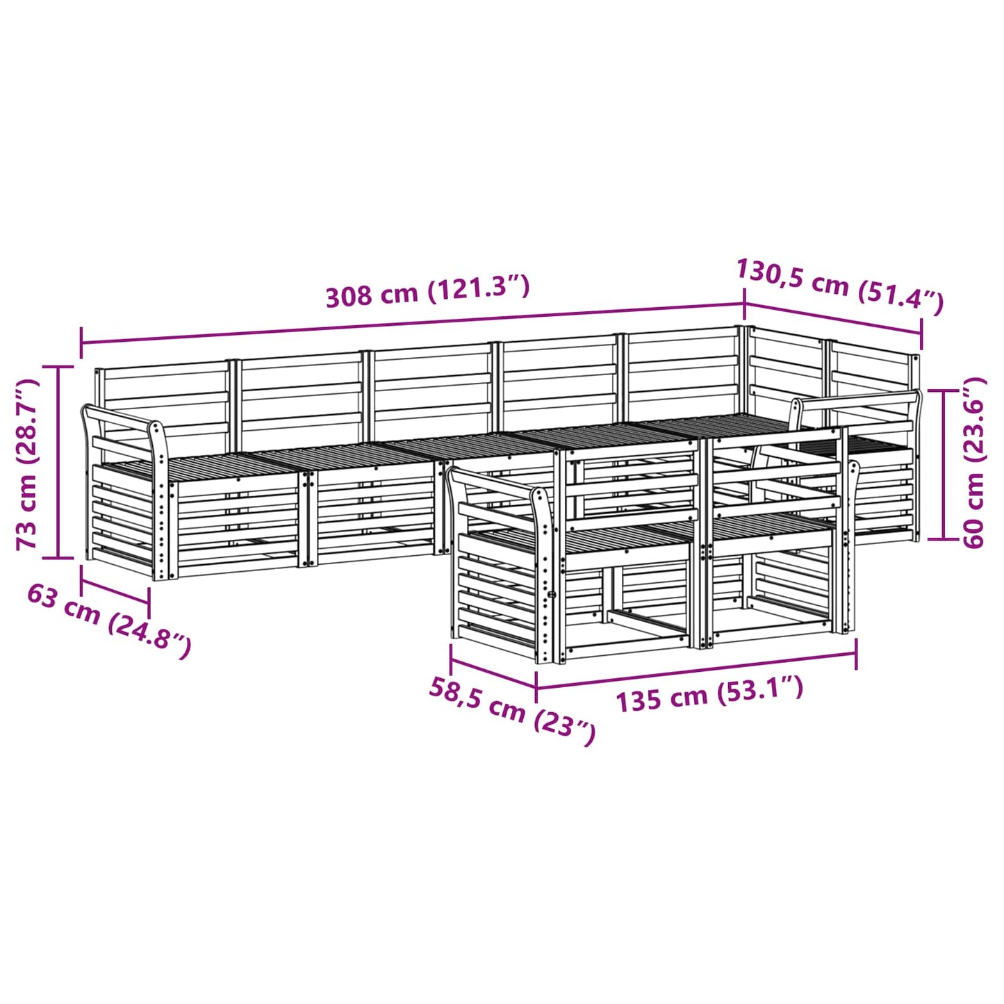 Utendørs sofa-sett 8 pcs Hvit 308 x 130,5 x 73 cm