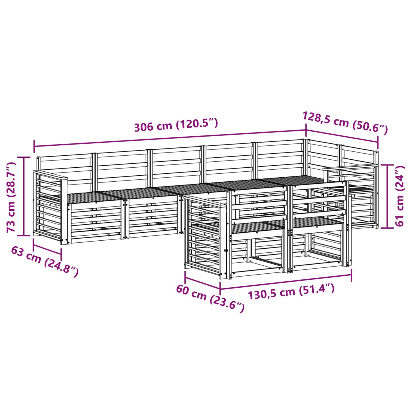 Utendørs sofa-sett 8 pcs Hvit 306 x 128,5 x 73 cm