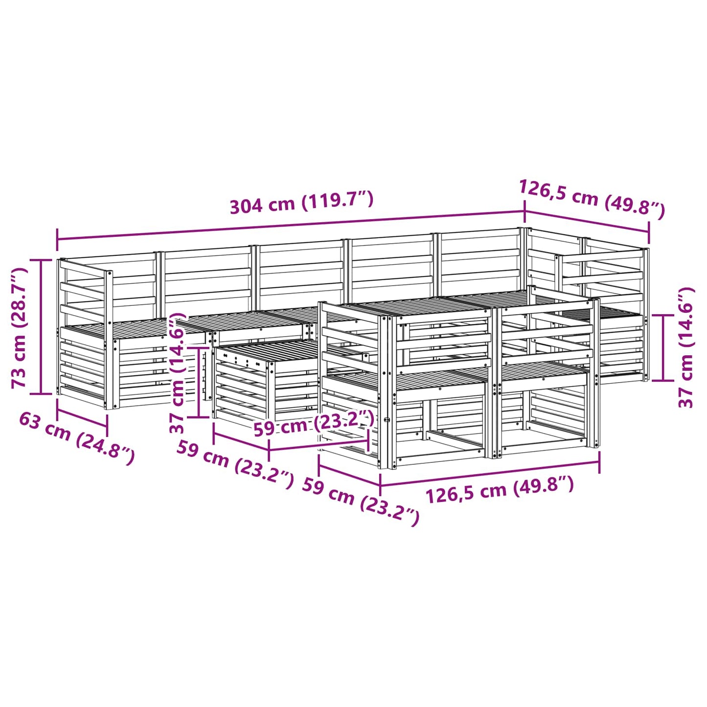 Utendørs sofa-sett 9 pcs Hvit 59 x 59 x 37 cm Solid akasietre