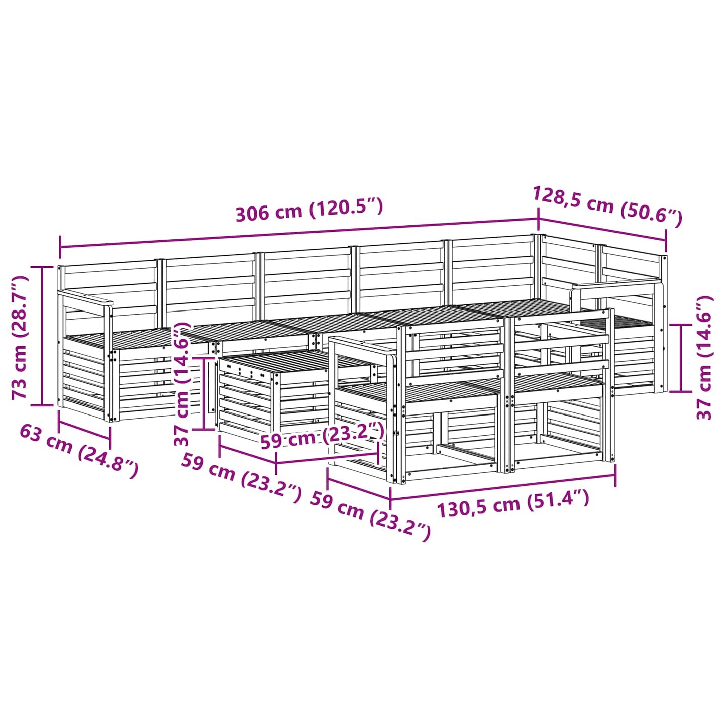 Utendørs sofa-sett 9 pcs Hvit 59 x 59 x 37 cm Solid akasietre