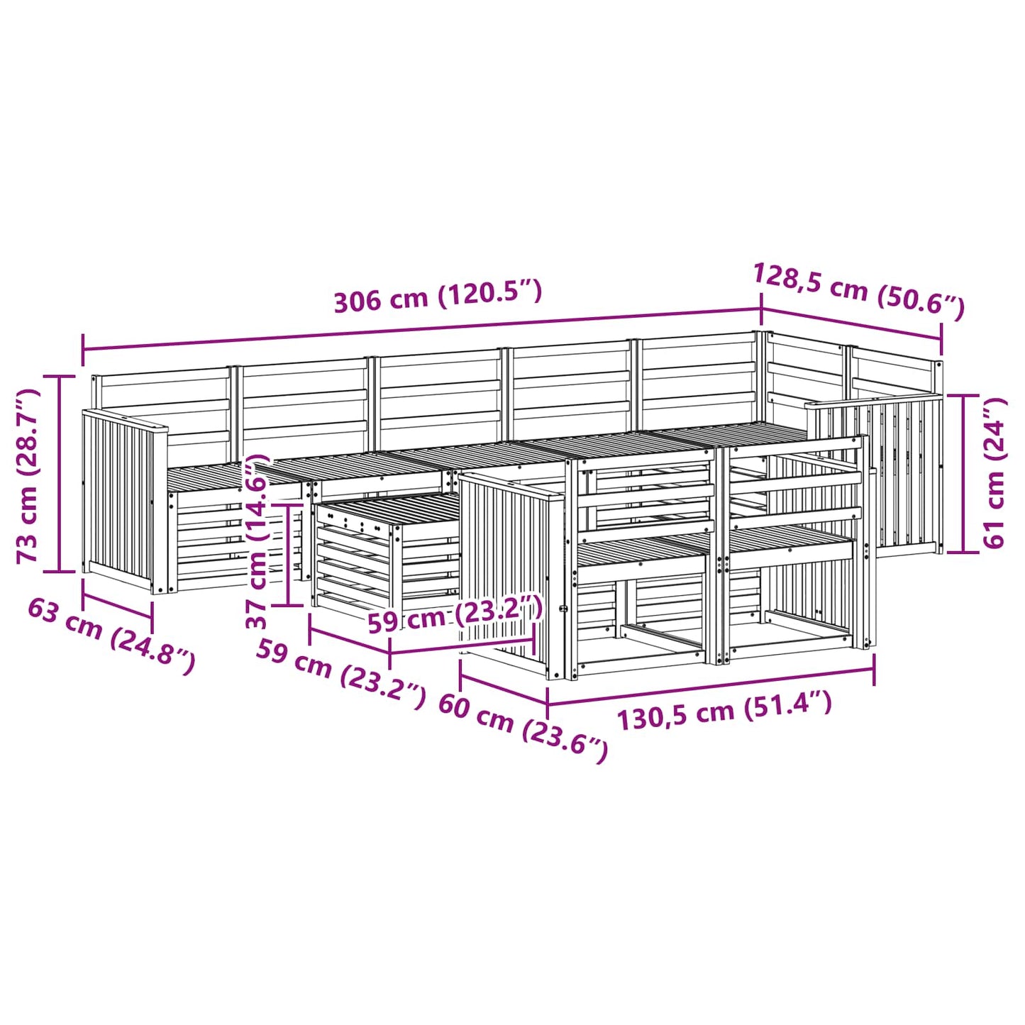 Utendørs sofa-sett 9 pcs Hvit 59 x 59 x 37 cm Solid akasietre