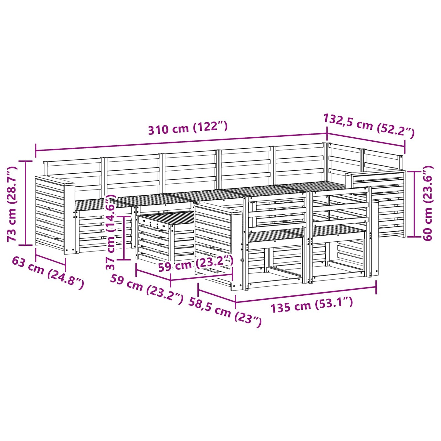 Utendørs sofa-sett 9 pcs Hvit 59 x 59 x 37 cm Solid akasietre