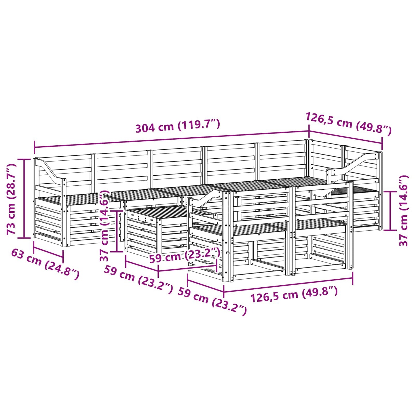 Utendørs sofa-sett 9 pcs Hvit 59 x 59 x 37 cm Solid akasietre