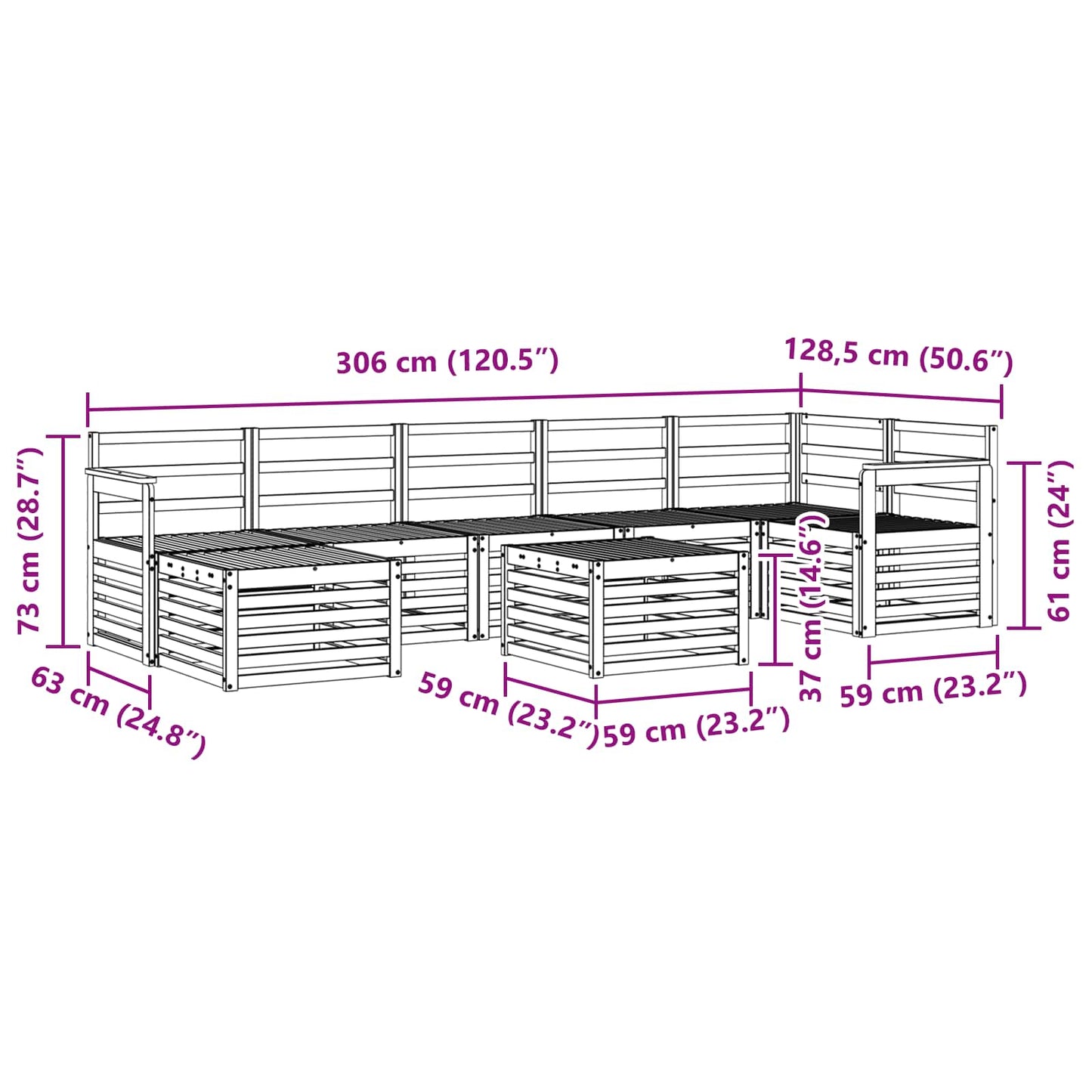 Utendørs sofa-sett 8 pcs Hvit 59 x 59 x 37 cm Solid akasietre