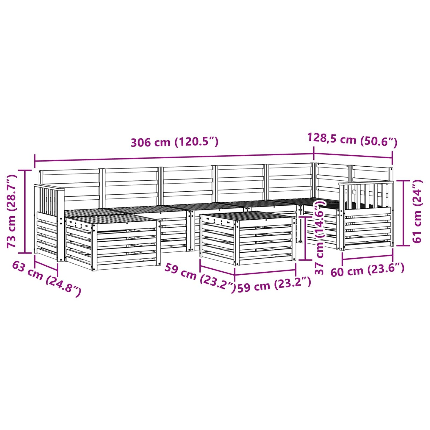 Utendørs sofa-sett 8 pcs Hvit 59 x 59 x 37 cm Solid akasietre