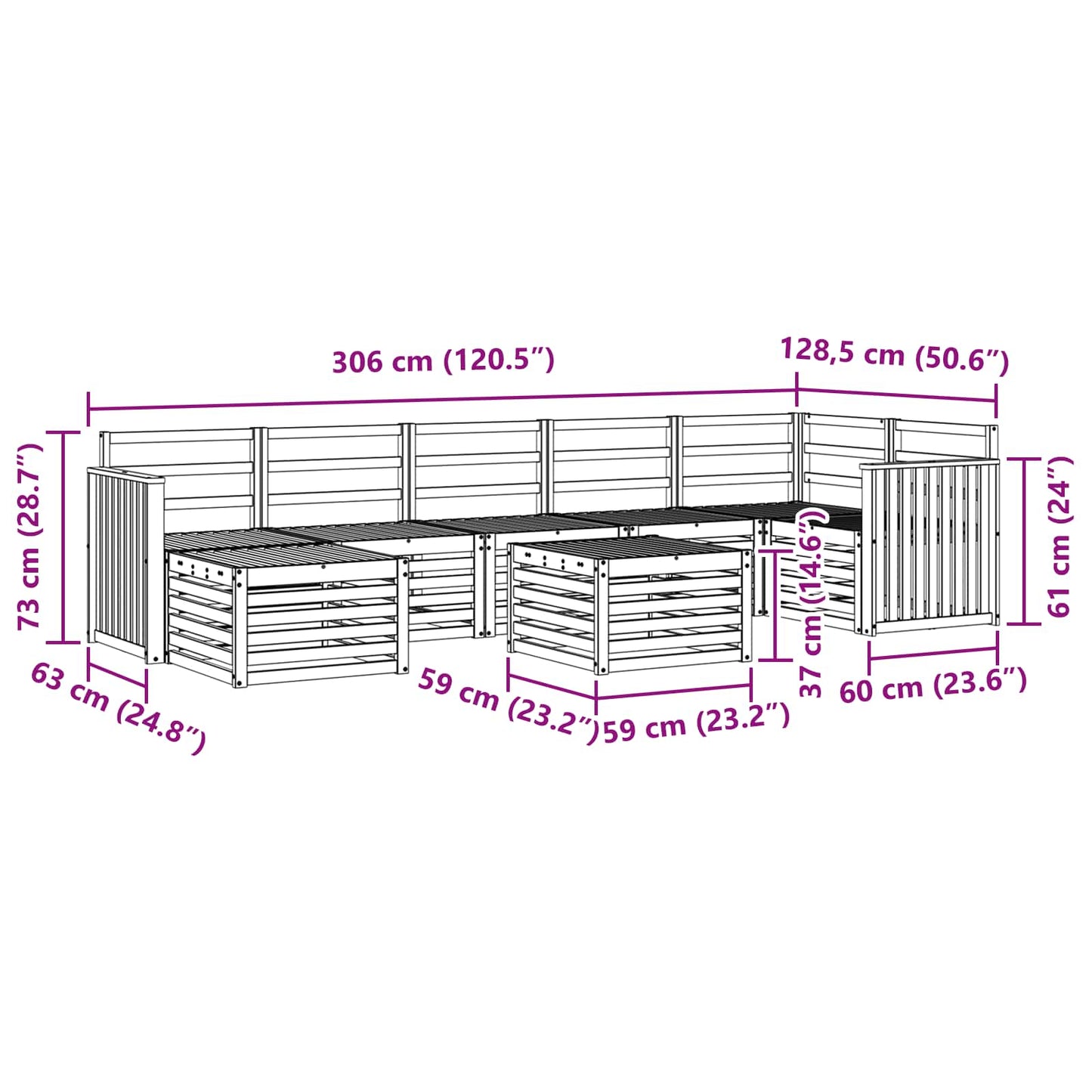 Utendørs sofa-sett 8 pcs Hvit 59 x 59 x 37 cm Solid akasietre