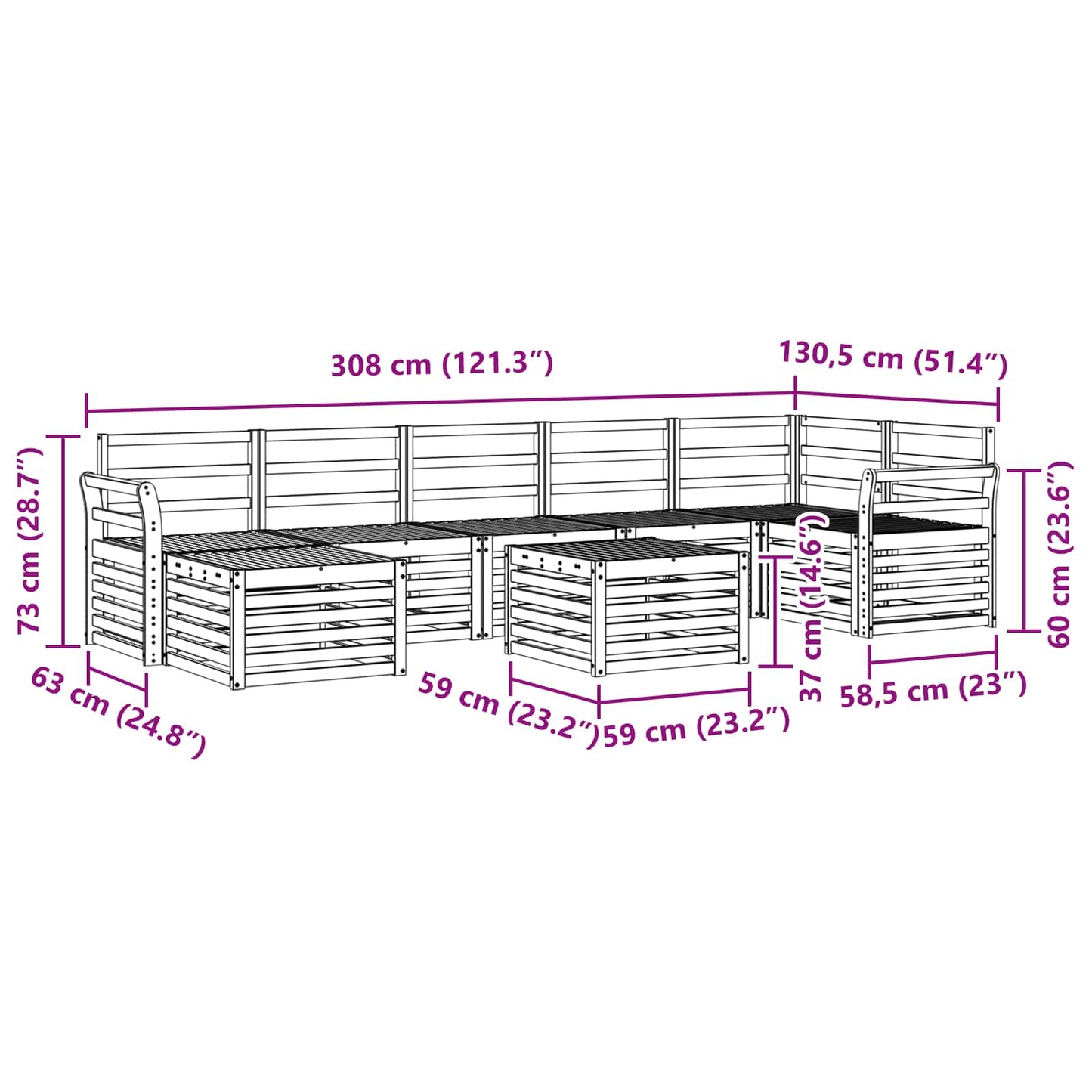 Utendørs sofa-sett 8 pcs Hvit 59 x 59 x 37 cm Solid akasietre