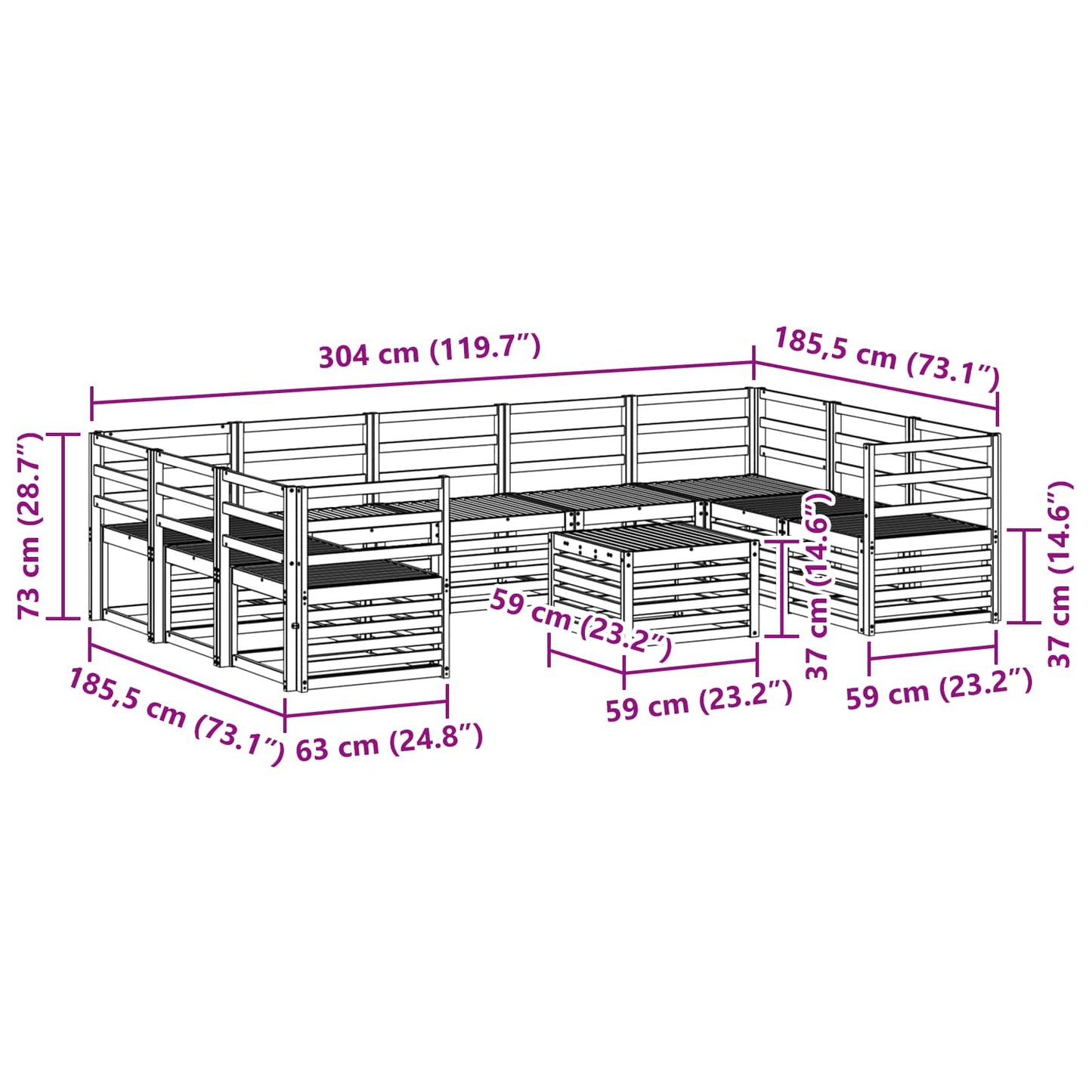 Utendørs sofa-sett 10 pcs Hvit 59 x 59 x 37 cm Solid akasietre